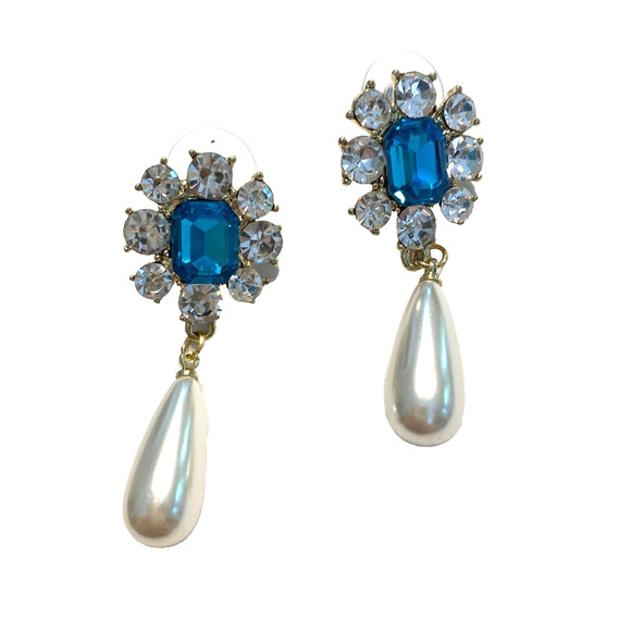 Dramatic Gold Pierced Earrings Drop & Dangle Pearl Teardrop & Blue Rhinestones - Picture 1 of 6